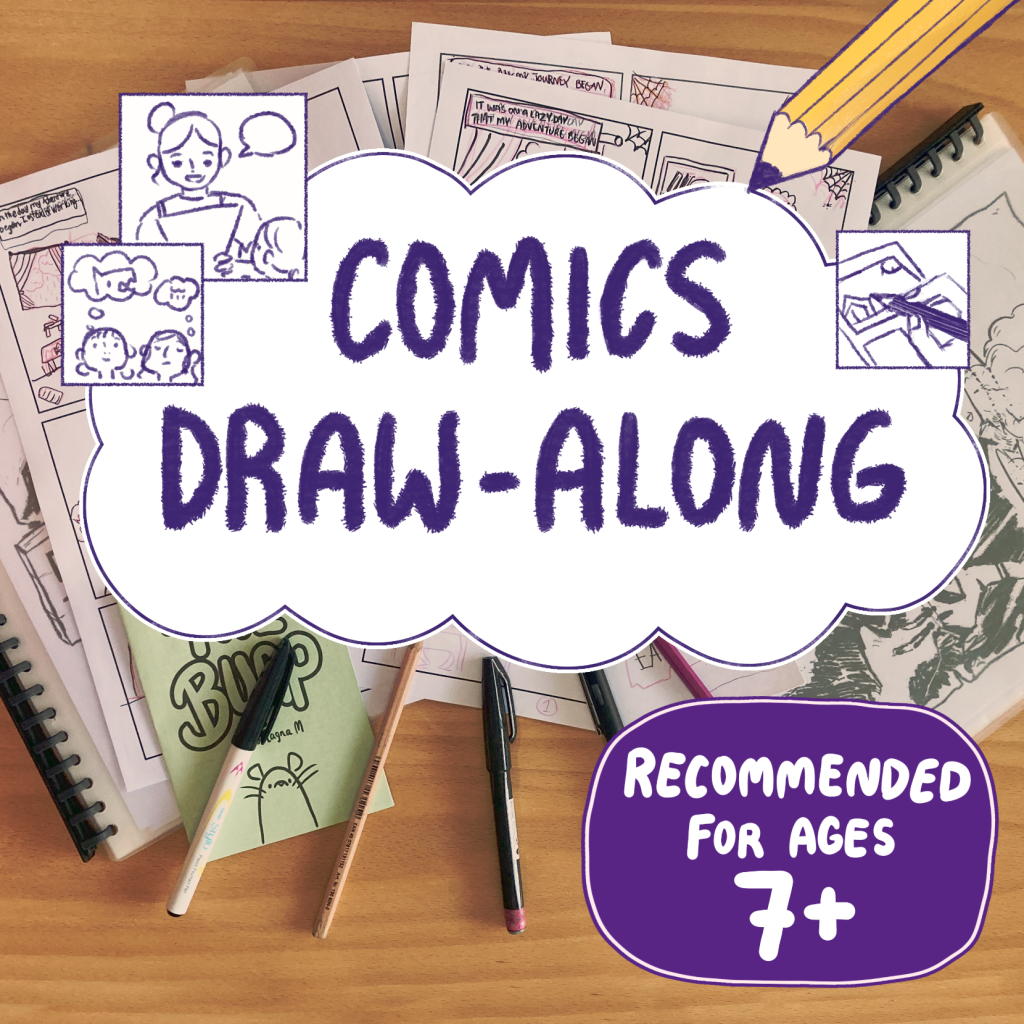 promotional image for comics draw along featuring comic making supplies scattered across a table